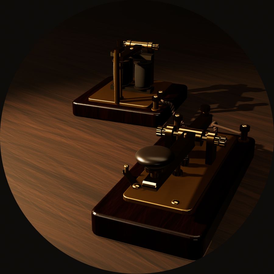 Two brass telegraph keys on a walnut bench