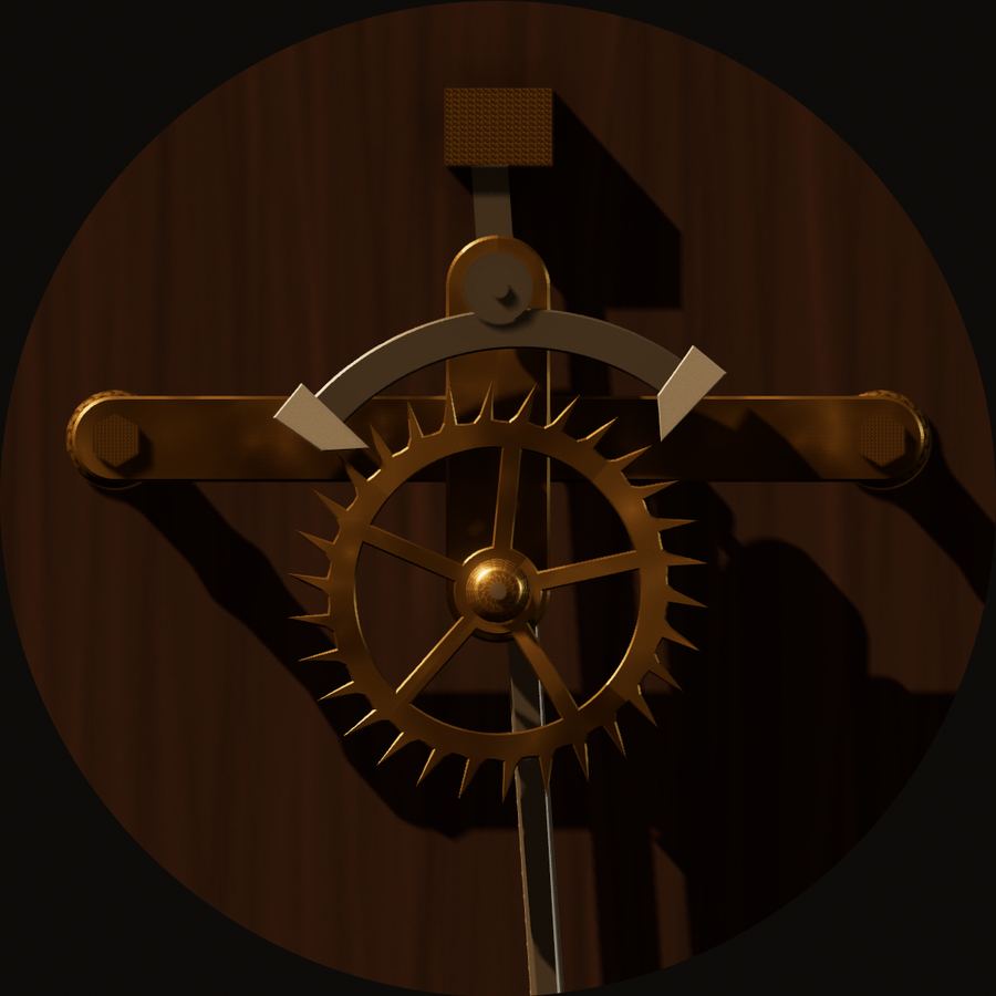 A brass escape wheel and anchor on a walnut board