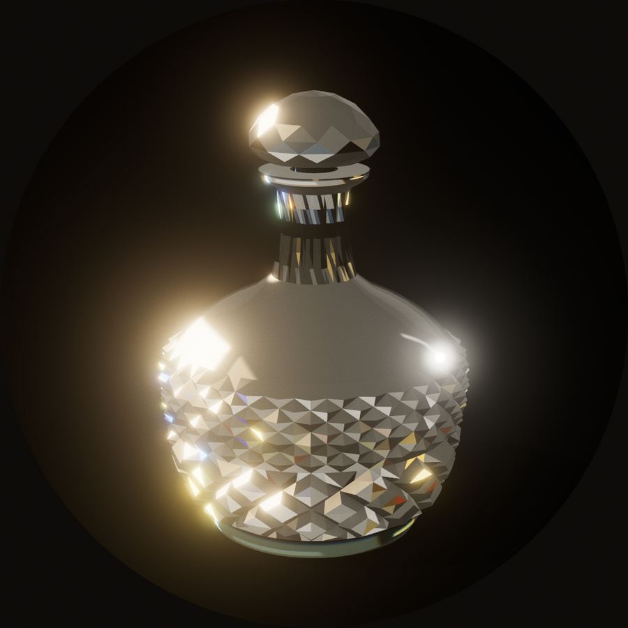 A cut glass decanter with its stopper, in low light