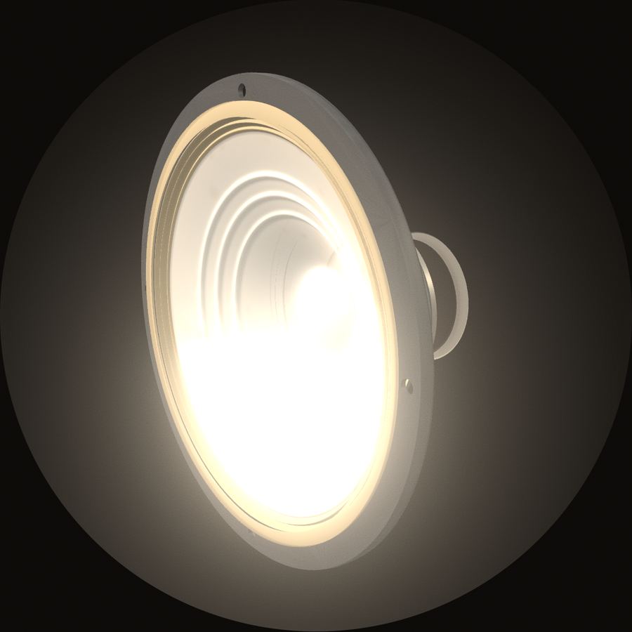 A loudspeaker driver, its cone lit from the front