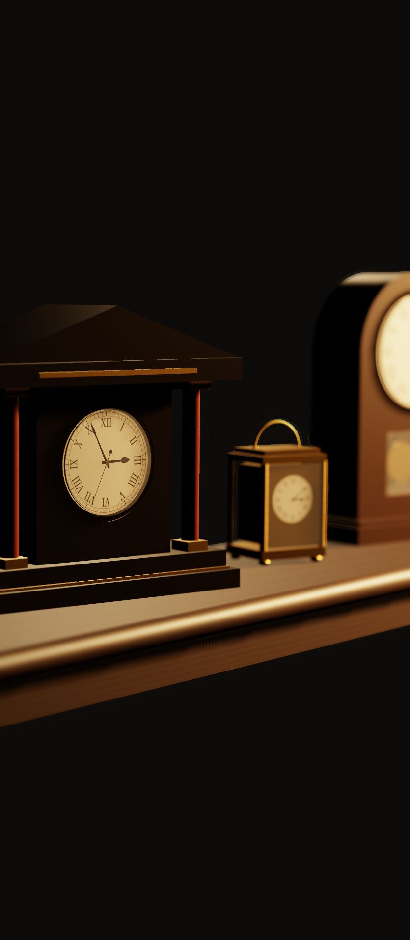 A shelf of antique mantel clocks in low light