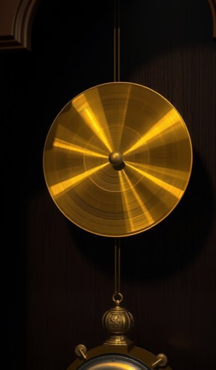 A brass pendulum bob in a dark clock case